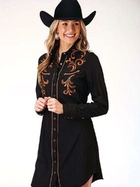 Scully Black Long-Sleeve Western Shirt Dress with Copper Embroidery